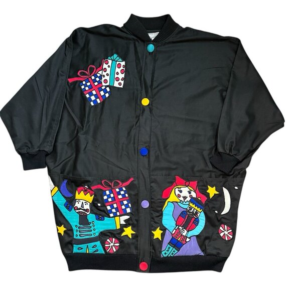 VTG 80s Silkscapes Christmas Novelty Jacket Sz Large Silk Art To Wear Oversized - Picture 4 of 16